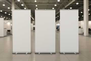 Professional trade show booth setup featuring three vertical roll-up banners with customizable blank space for branding and product promotion.