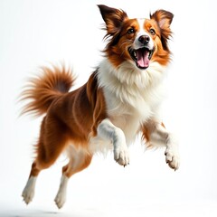 Joyful dog leaps mid-air, showcasing playful spirit energetic personality. Clear background. Dog jumps, action, happy pet, canine, motion, energy, playmate, studio, alertness, freedom.
