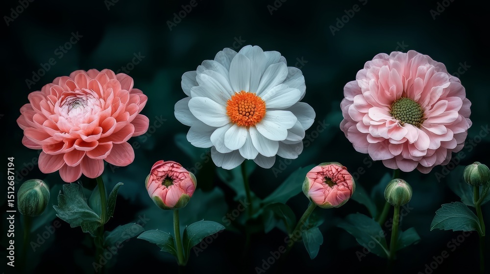 Poster three flowers of different colors are arranged in a row. the pink flower is in the middle, and the w