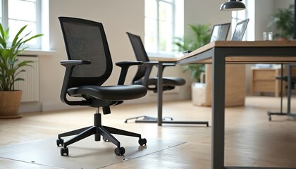 Modern black office chair on clear floor mat. Stylish interior workspace, wood desk, plants, window light. Ergonomic design for comfort and productivity. Professional work environment.