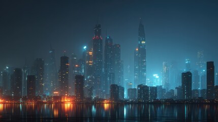 Obraz premium Captivating cityscape at night, illuminated skyline reflected in calm water