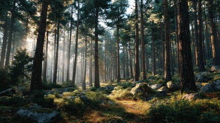 Obraz premium Enchanting Sunlight Filtering Through a Dense Forest of Towering Pine Trees