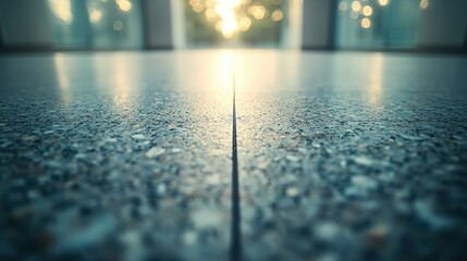 Polished floor leads to bright, blurred outdoor light