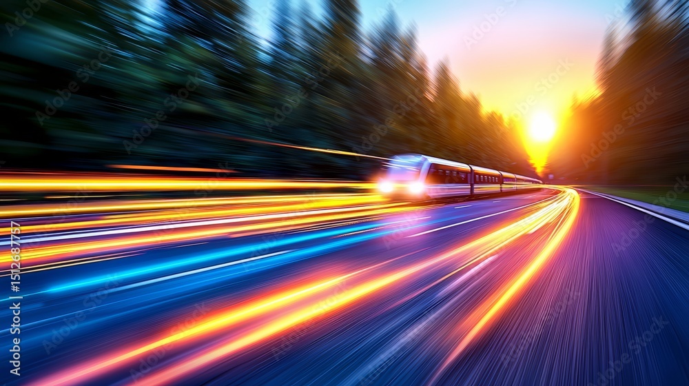 Poster train is speeding down a road with a bright orange sunset in the background. the train is surrounded