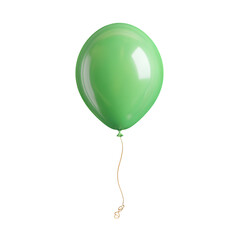 Single inflated green party balloon with tied string end, isolated on transparent background.