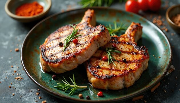 Grilled pork chop steaks on plate. Fresh organic pork meat dish with rosemary, peppercorns, tomatoes. Restaurant menu, dieting, cookery recipe. Delicious lunch or dinner meal.