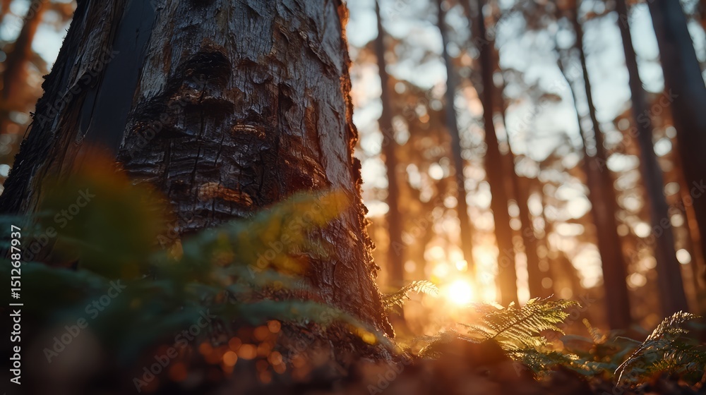 Poster tree trunk with a sun shining on it. the sun is in the background and the tree is in the foreground