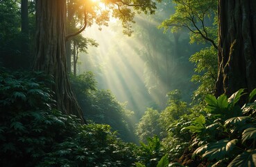 Amazon rainforest. Sunlight streams through trees, creating bright rays. Dense green foliage of plants, tropical jungle. Brazilian jungle, natural landscape. Focus on eco tourism, environmental