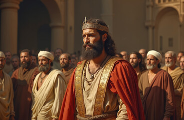 Naklejka premium King Solomon biblical figure famous for wisdom, wealth, influence. Depicted in regal attire, wears gold crown, surrounded by people. Symbol of leadership, historical representation royalty, monarch.
