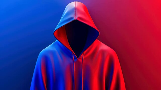 Mysterious Hooded Figure: A hooded figure shrouded in mystery, half-blue and half-red, stands against a vibrant backdrop of contrasting colors. The image evokes intrigue and a sense of the unknown. 