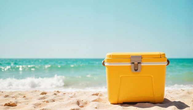 Yellow cooler on a sunny beach against the backdrop of blue sea, representing summer fun and relaxation, concept of vacation or outdoor events