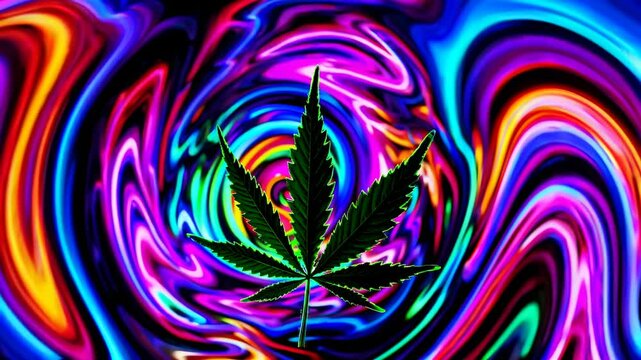 A vibrant, psychedelic video concept featuring a close-up of a cannabis leaf against swirling neon patterns, captured from a low-angle perspective. Live desktop wallpaper.