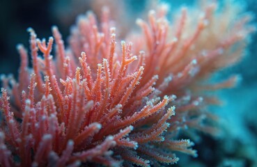 Fototapeta premium Close-up Pink Sea Fan coral Annella mollis underwater. Branching structure, delicate texture, vibrant colours, marine life. Sea reef ecosystem nature background. Underwater photo.