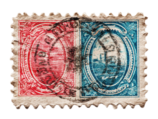 Vintage stamp with historical design and cancellation mark, cut out transparent