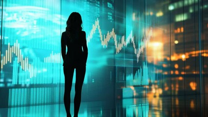 Silhouette of a woman analyzing stock market data on a screen in a modern office - Powered by Adobe