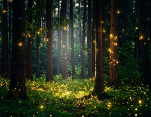 Enchanting forest lit by fireflies