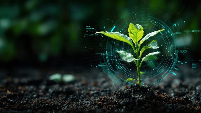 A young green plant emerges from dark soil, surrounded by digital overlays that symbolize technological advancements in agriculture. The vibrant scene highlights innovation in nature