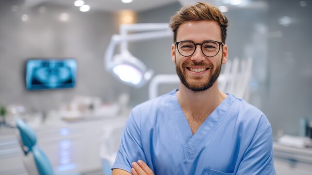 A male dentist wearing blue scrubs and glasses stands with a smile in a contemporary dental office - Powered by Adobe