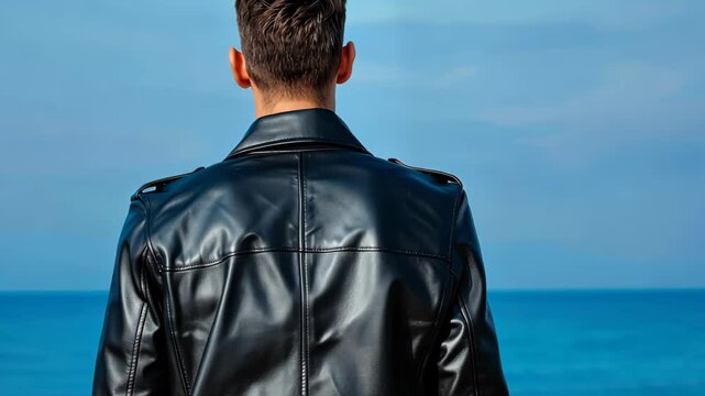 A Man's Contemplation: The back view of a man, a modern image of contemplation with a luxurious black leather jacket against a serene blue backdrop. A moment of reflection amidst open space.