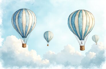 Fototapeta premium Watercolor illustration hot air balloons floating in blue sky. Collection retro airship perfect for baby prints, children posters, home decor, invitations. Pastel colors, hand drawn artwork,
