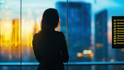 Businesswoman looks at financial data in a modern office with city view at sunset - Powered by Adobe