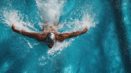 A competitive swimmer practices the butterfly stroke in a vibrant blue pool