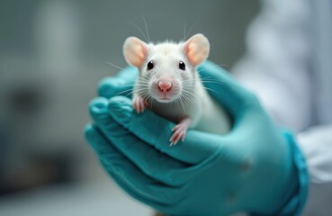 White laboratory rat held in gloved hand. Animal is in research lab, scientist experiments with rodents. Biomedical research, disease testing, pharmaceutical industry. Science, medicine, healthcare.