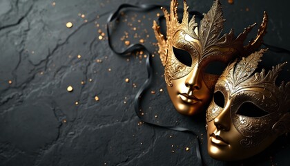Two metallic gold masquerade masks on black textured background. Carnival Masquerade concept, fantasy theatre, dramatic life. Holiday celebration, party, fashion, beauty, art. Masks for themed events.