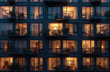Modern apartment building at night with warm interior lights visible through windows. Urban condo with balconies, exterior illumination. City real estate concept represents housing construction,