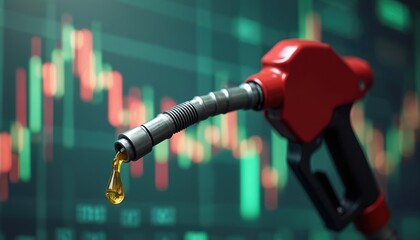 Gasoline fuel nozzle with blurred oil price chart of energy market. Fuel drop drips. Crude oil cost, gasoline price rising concept. Economic crisis and market analysis concept.