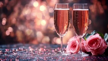 Two glasses of champagne with roses, a festive gold celebration drink for New Year's Eve - Powered by Adobe