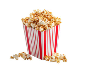 Freshly popped caramel corn in a striped container for snacks, cut out transparent