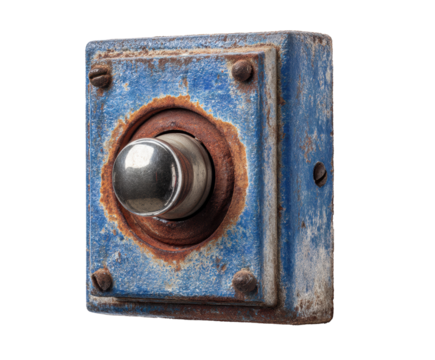 Vintage doorbell with weathered blue finish and metal button, cut out transparent