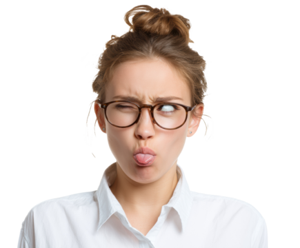 Expressive young woman showing playful attitude and fun reaction, cut out transparent