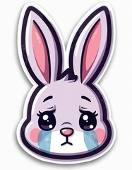 Distressed cartoon sticker of a crying bunny face. Cute rabbit illustration evokes sadness. Perfect for children content, educational materials, social media posts, apparel, sticker design.
