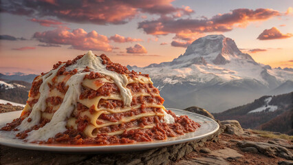 Imaginative Lasagna Peak with Melting Cheese and Sauce Streams