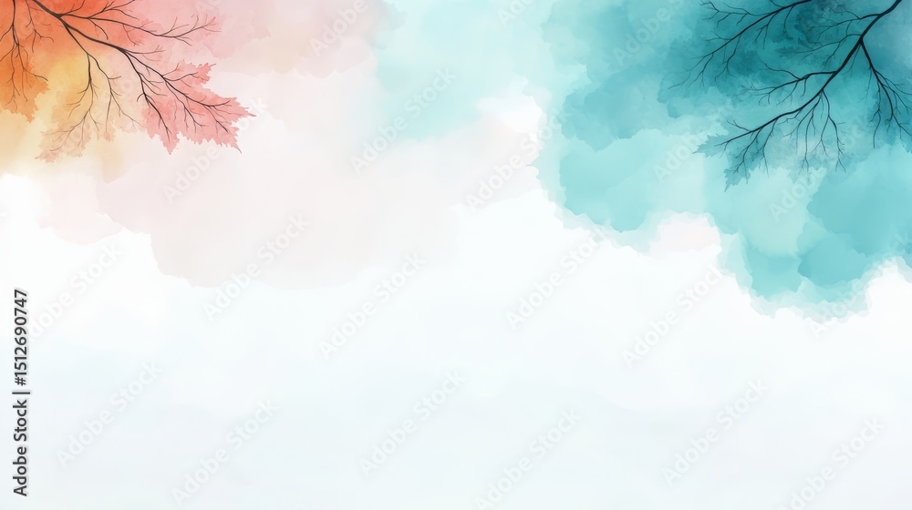 Poster Watercolor painting of two branches with leaves and a blue sky. The painting is abstract and has a calming effect