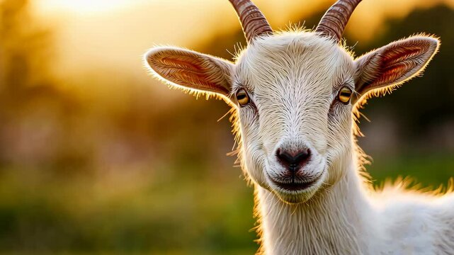 Goat's Gaze: A charming goat, basking in the golden hour glow, stares directly at the viewer, exuding warmth and curiosity with a touch of whimsy. 