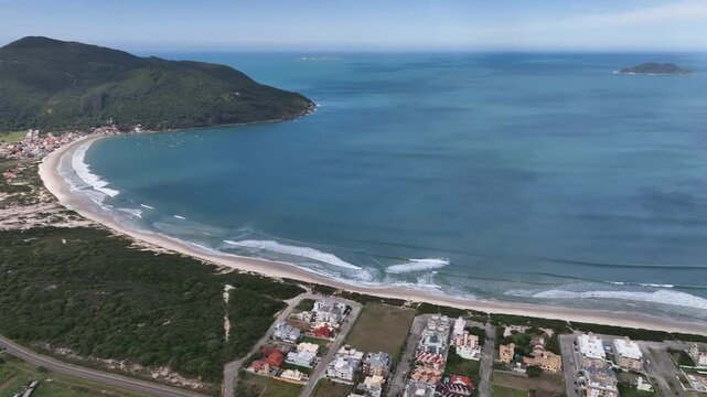 Florianopolis in Santa Catarina during a wonderful sunrise. Pantano do Sul in aerial view.