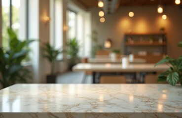 Marble stone tabletop in office interior setting with bokeh effect. Blurred background with modern decoration, plants, tables. Product display with copy space, ideal for business and lifestyle themes.