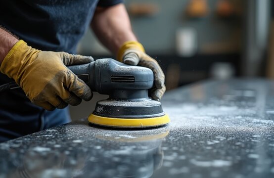 Stonemason polishes granite countertop with machine. Skilled worker grinds stone surface in workshop. Home improvement, construction, renovation, stone fabrication concept.