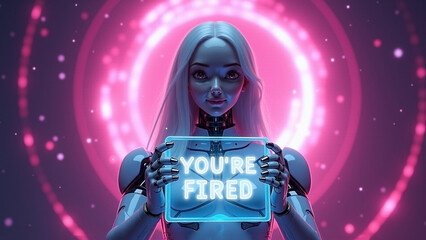 Female AI robot stands against a swirling neon pink digital backdrop holding up a translucent holographic sign that reads You're Fired, representing AI industry jobs takeover