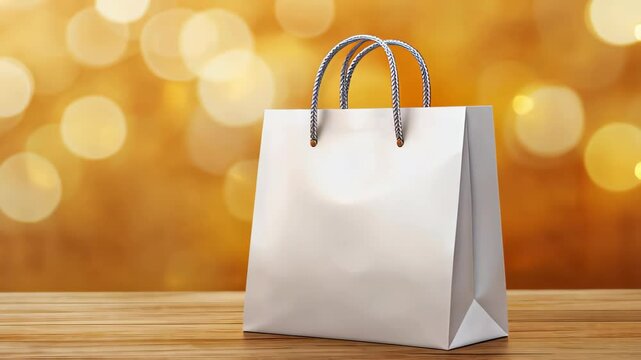 Gift Bag Display: A singular, pristine gift bag sits elegantly upon a polished wooden surface, bathed in a warm, inviting glow. The gift bag stands as a symbol of anticipation and thoughtfulness.