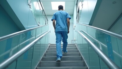 Healthcare worker dressed scrubs walks up hospital stairs. Symbol of dedication and medical journey. Indoor modern clinic sterile environment, represents determination, commitment, effort.