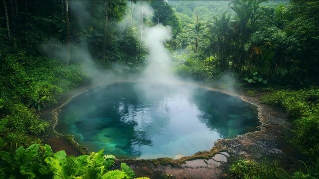 A large body of water with steam rising from it. The water is blue and surrounded by green plants