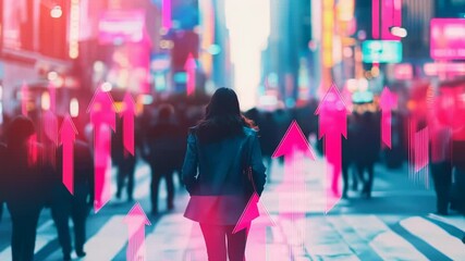 Woman walking on city street with rising arrows, symbolizing growth and success, in a vibrant, futuristic style. - Powered by Adobe