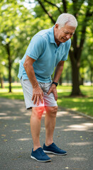 Elderly man in light blue shirt suffering from red inflamed knee pain outdoors