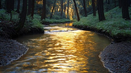 Golden stream with redwood forest dawn.
