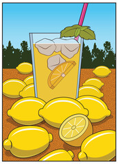 A glass of lemonade among lemons.