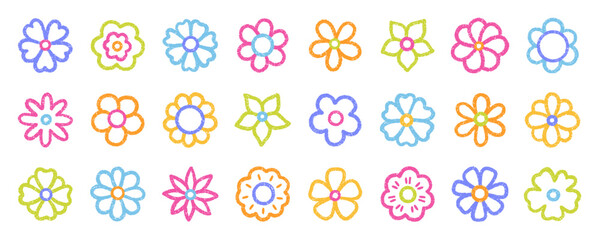 Crayon flower doodle set. Kids spring chalk pencil elements in sketch style. Hand drawn vector illustration isolated on white background.